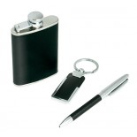 Komplet - piersiówka 90 ml, brelok, długopis, materiał metal, ekoskóra, kolor czarny 17467