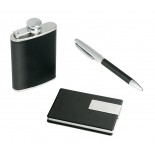 Komplet - piersiówka 90 ml, wizytownik, długopis, materiał metal, ekoskóra, kolor czarny 17514